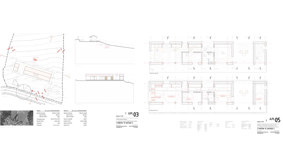 A la izquierda, plano de la parcela y su ubicacin en el entorno natural; y a la derecha, el diseo de los espacios interiores...