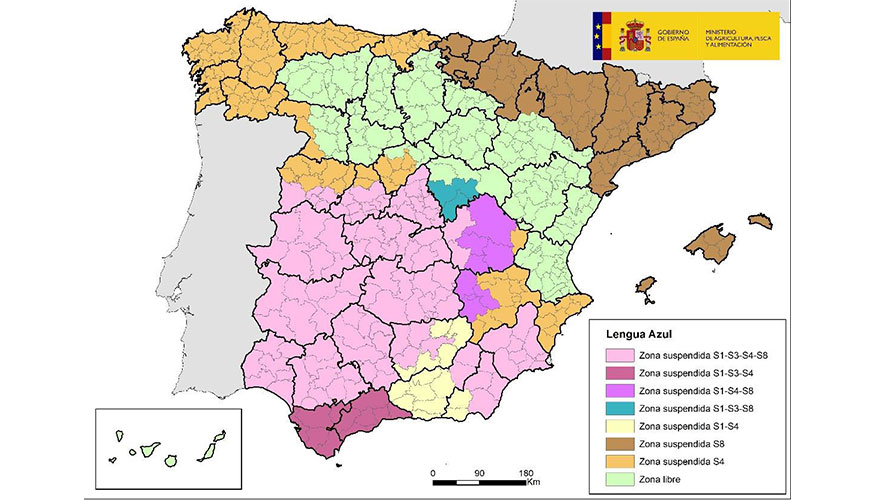 Zonas suspendidas por diferentes serotipos del virus de la lengua azul. Fecha de actualizacin: 5 de diciembre de 2024