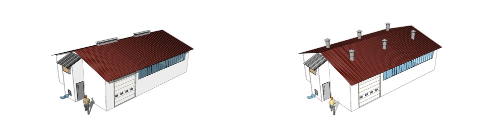 Esquema 1. Dos modelos de salas nodrizas con un sistema de impulsin de aire atemperado y ventilacin vertical por caballetes o chimeneas...