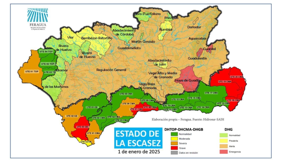 El plano adjunto muestra el estado de escasez de las cuencas andaluzas...