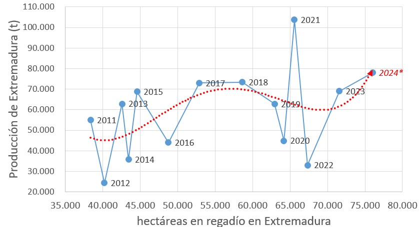 Figura 1. Relacin de incremento de parcelas de regado en Extremadura y produccin de aceites de oliva vrgenes entre 2011-2024...