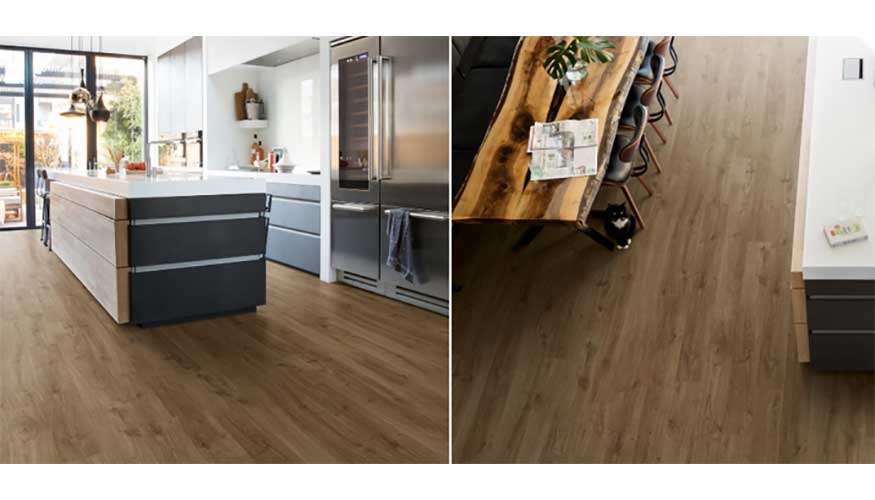 As es como luce el suelo laminado Eligna Roble Newcastle con el color Mocha Mousse