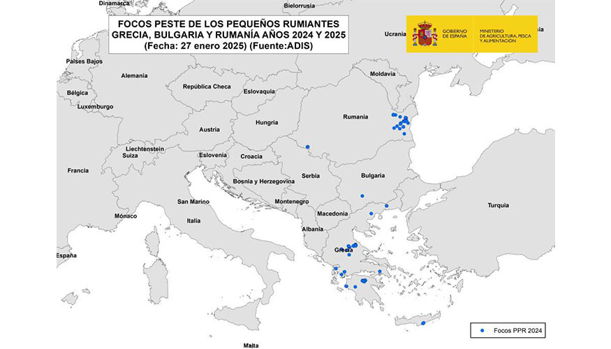 Localizacin de las explotaciones afectadas por PPR en el ao 2024 en Grecia, Rumana y Bulgaria