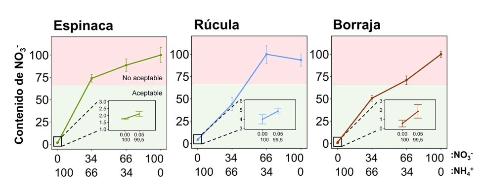 Figura 2. Contenido de nitrato en hoja en espinaca, rcula y borraja cultivadas con distintos ratios nitrato:amonio (%:%)...