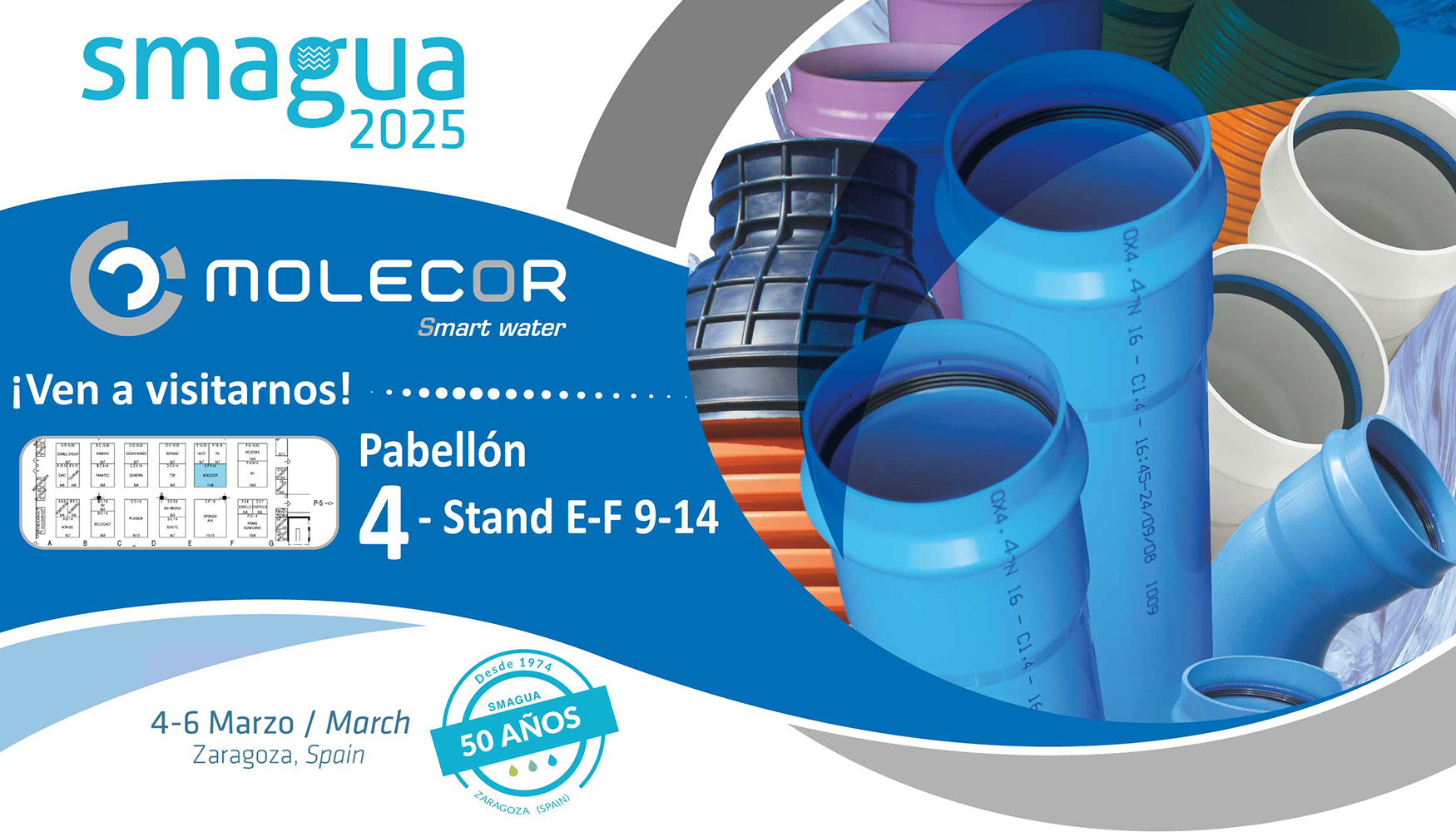 El stand de Molecor en Smagua 2025 estar localizado en el Pabelln 4 - Stand E-F 9-14 de Feria de Zaragoza