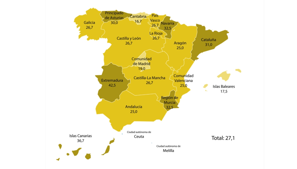 Mapa de consumo de cerveza sin por comunidades autnomas (las tonalidades ms oscuras corresponden a un mayor volumen de consumo)...