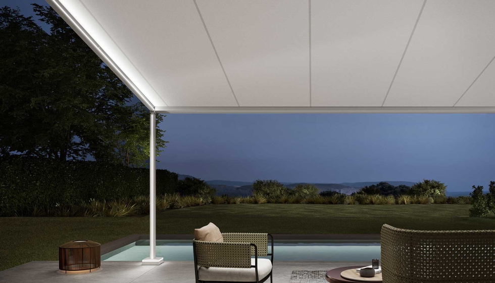 A iluminao LED tambm pode ser aplicada s colunas desta nova prgula. Foto: markilux