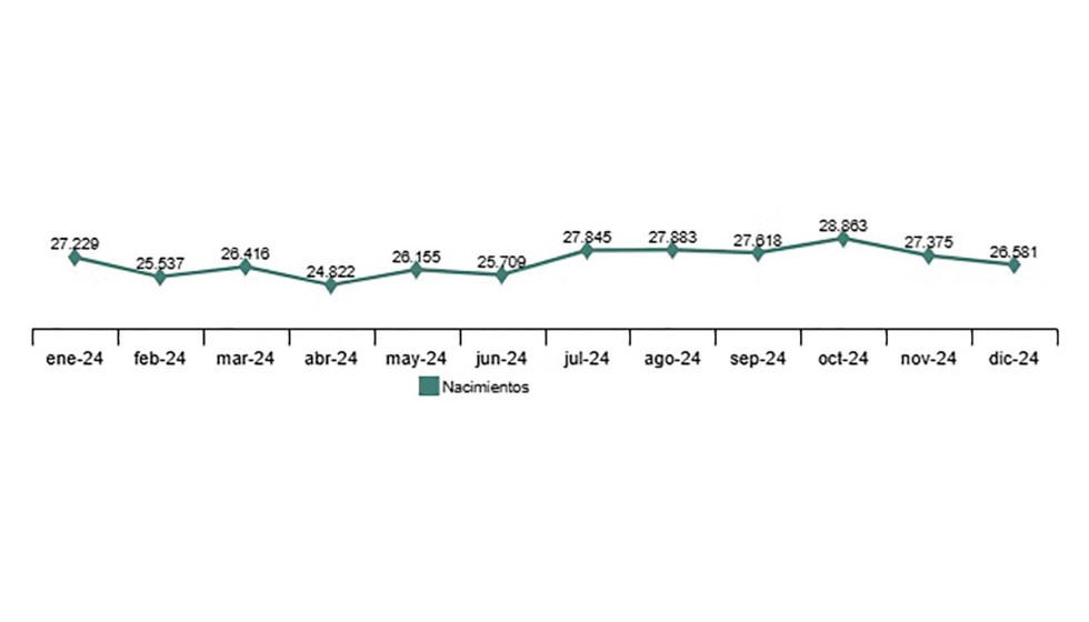 Evolucin nacimientos por mes en 2024. Fuente: INE