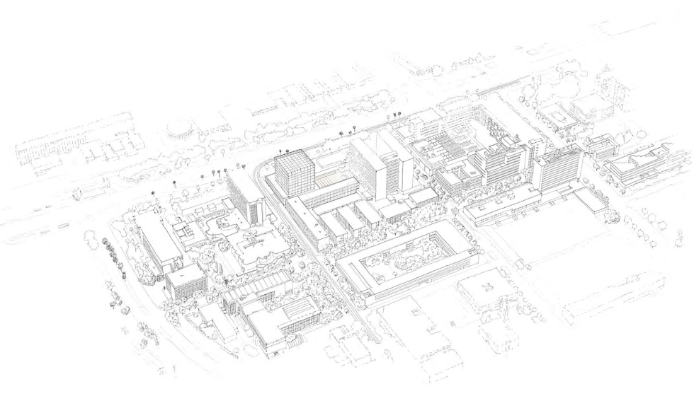 Dibujo del Campus Diagonal Sud con el edificio L integrado en la isla de la ETSEIB, por el lado noroeste...