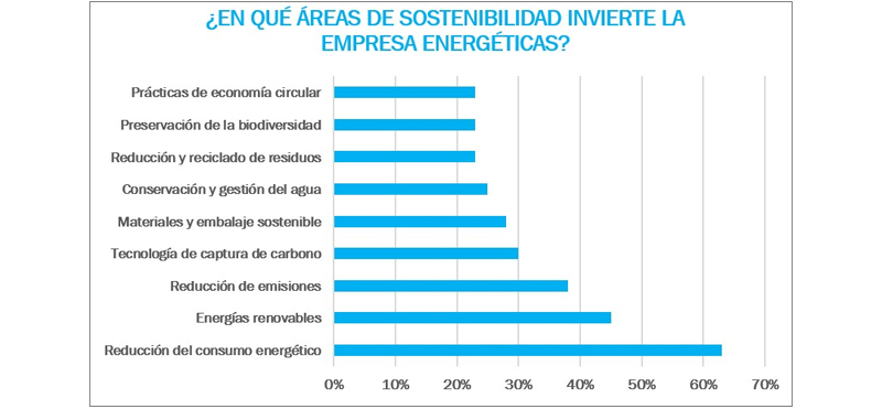 Las principales reas de inversin de las empresas de energa con objetivo sostenible son, en primer lugar, la reduccin del consumo energtico (63%)...