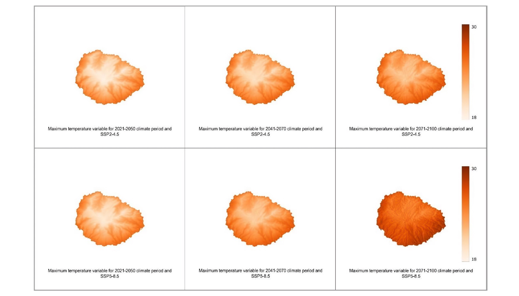 Figura 3. Resultados anuales de las proyecciones climticas de la variable temperatura mxima para tres periodos climticos y dos escenarios (SSP2-4...