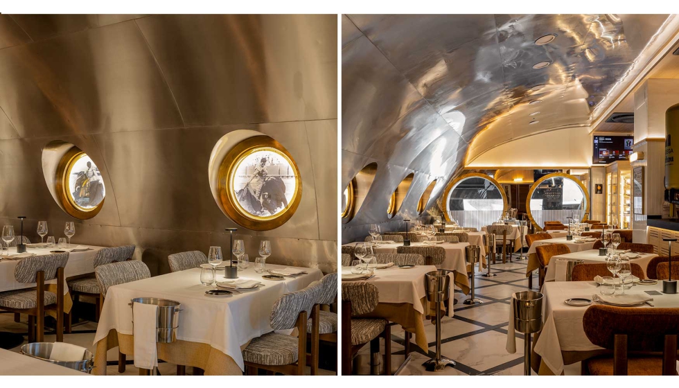 Detalle de los �ojos de buey� con motivos de inspiraci�n taurina (izquierda); y panor�mica de esta �rea m�s �casual� del Restaurante Galaxia...