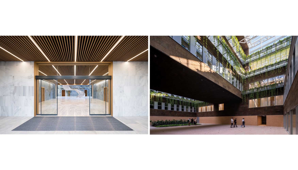 A la izquierda el acceso al vestbulo del nuevo edificio; y a la derecha patio interior de conexin entre ambas construcciones. Fotos: Rubn P...