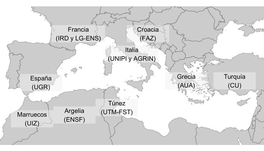 Figura 2. Mapa marcado con los pa�ses implicados y las sedes en este proyecto