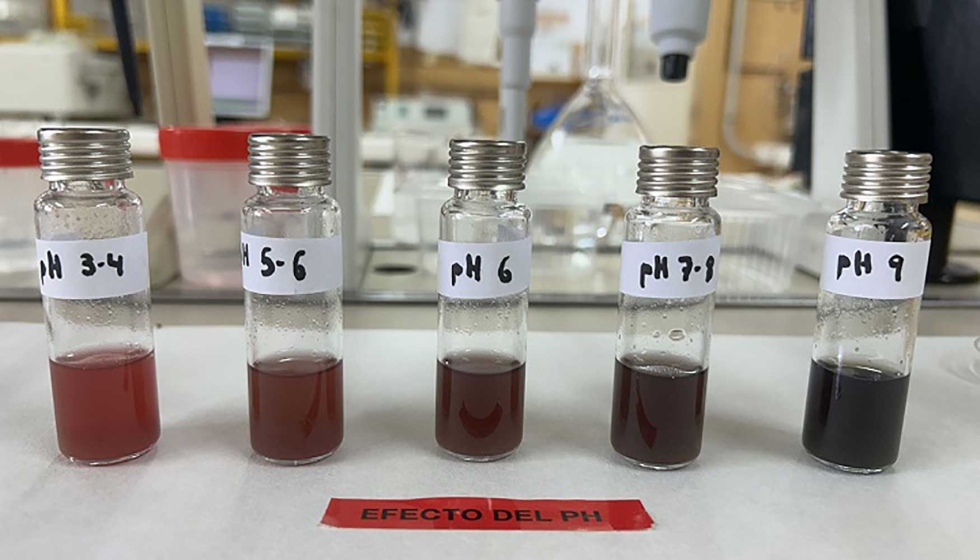 Pruebas en laboratorio: cambios de color de los extractos activos con el pH...