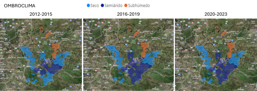 Figura 7. Cambio de los valores de ombroclima en la provincia de Badajoz en tres cuatrienios entre 2012 y 2023