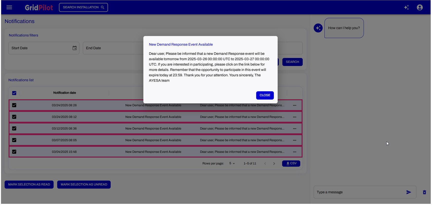 Ejemplo de participaci�n en procesos de Demand Response