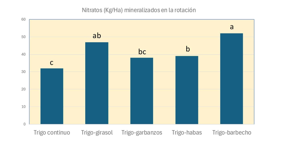 Figura 3. Estimaci�n de la mineralizaci�n de Nitr�geno en el trigo de los cultivos precedentes en la rotaci�n. Fuente: L�pez Bellido y varios...