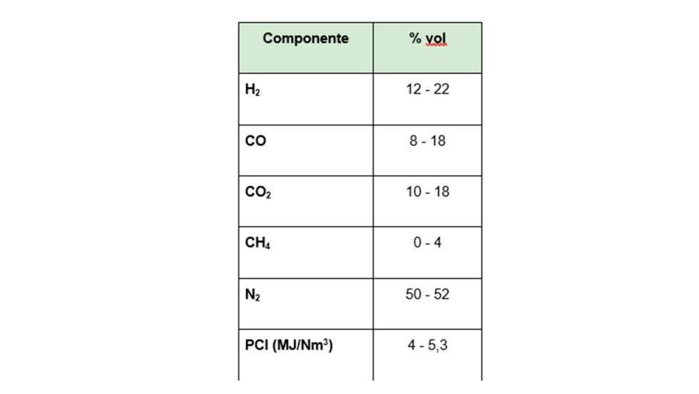 Tabla 1. Composicin del syngas producido a partir de la gasificacin de diferentes biomasas. Elaboracin propia
