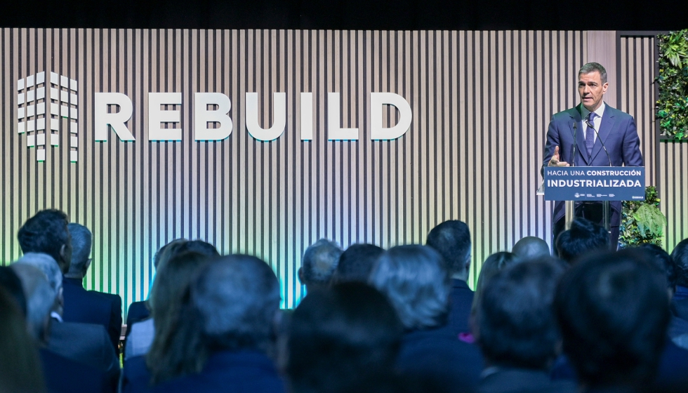 Pedro S�nchez durante el anuncio del PERTE de vivienda industrializada en el marco de Rebuild 2025