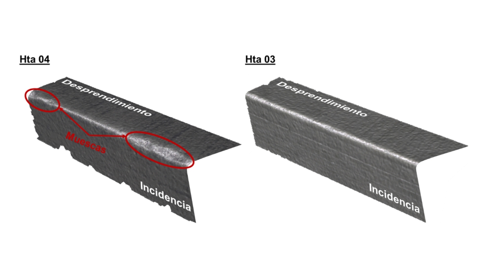 Figura 8. Modelo 3D del filo de las herramientas 04 (muescas) y 03 (sin muescas) tras escanearlas