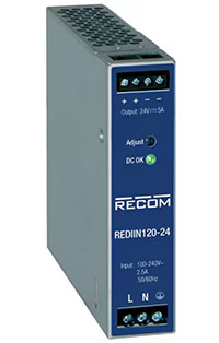 Figura 2: La serie REDIIN120 de fuentes de alimentación de riel DIN de 120 A mide 123.6 x 30.0 x 116.8 milímetros (mm)...