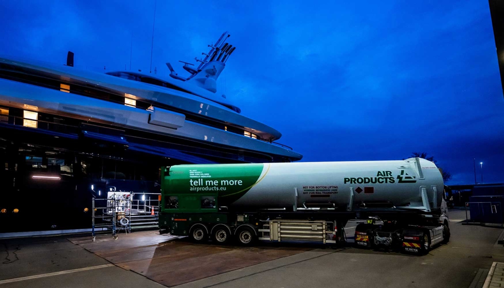 Unidad de suministro de hidrgeno lquido de Air Products en accin durante el abastecimiento del superyate propulsado por hidrgeno...