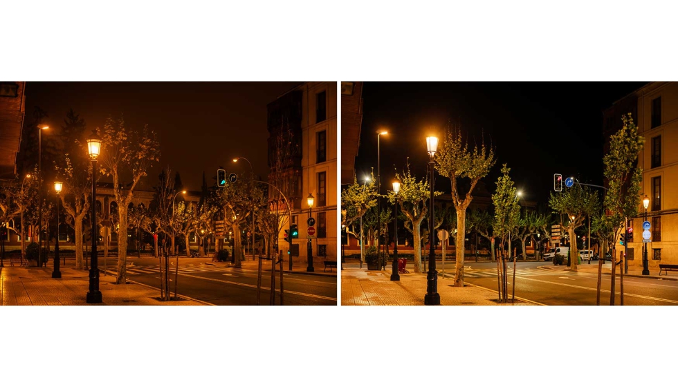 Comparativa visual entre VSAP (foto 1) y LED 2200 K (foto 2) en Logro�o. La actualizaci�n mejora la fidelidad crom�tica y la percepci�n urbana...