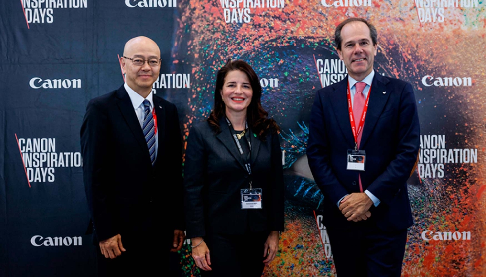 De izquierda a derecha, Sam Yoshida, presidente de Canon EMEA; Hortensia Roig, presidenta de EDEM, y Javier Tabernero...