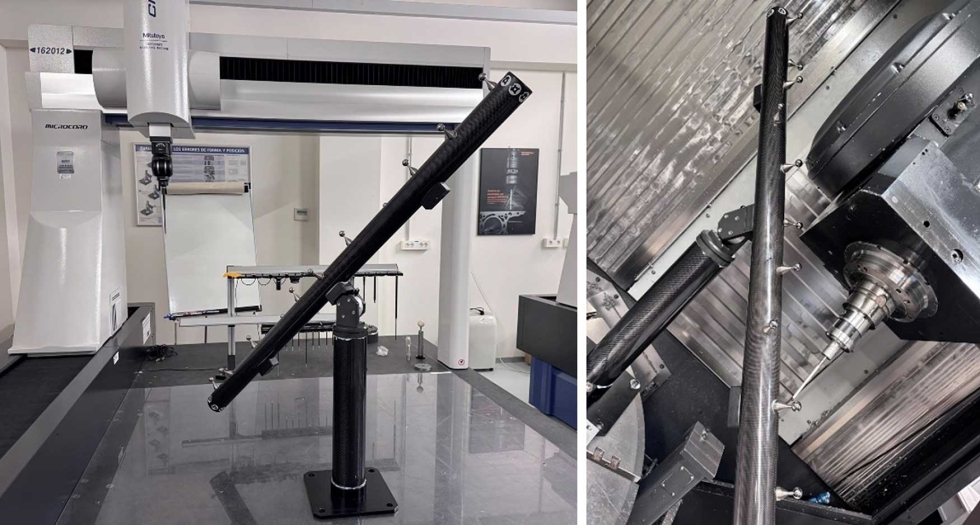 Figura 4. Artefacto metrol�gico (izquierda); Procedimiento de medici�n del artefacto metrol�gico en m�quina (derecha)