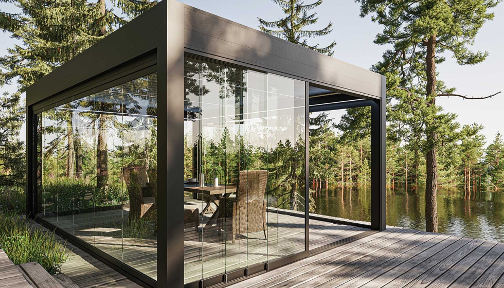 M�delo de p�rgola bioclim�tica Aatrio con cortina corredera de vidrio