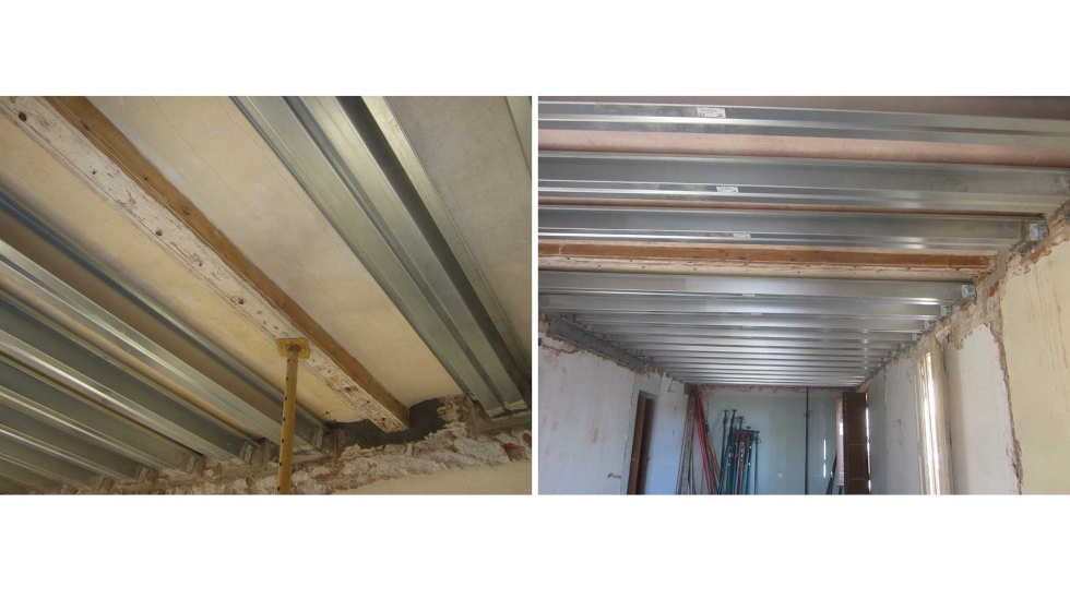 Refuerzo estructural intercalado con apuntalamientos temporales (izquierda); e inicio del montaje de viguetas metálicas sobre la estructura existente...