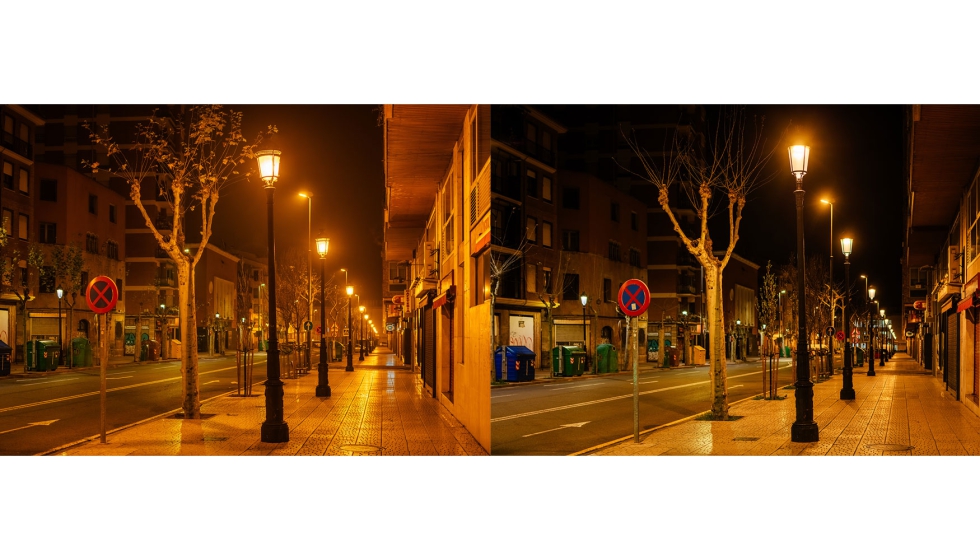 Antes y después en el casco histórico de Logroño con luminarias Siglo XLA 2200 K y Difusor Confort®, que garantizan un alumbrado cálido...