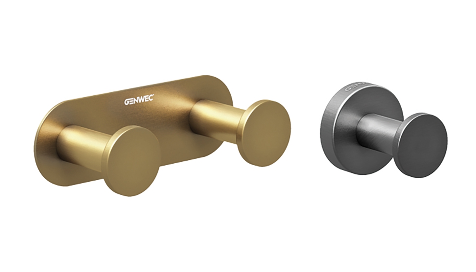 Perchero doble de la Serie Nimbus en acabado brushed gold y perchero simple en acabado brushed metal