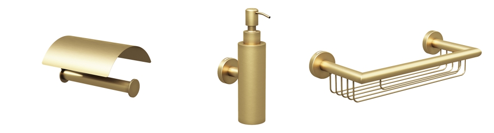 Acabado Brushed Gold u Oro Cepillado: portarrollos GW05 76 04 078; dispensador jabn GW05 74 04 07; jabonera GW05 75 04 07...