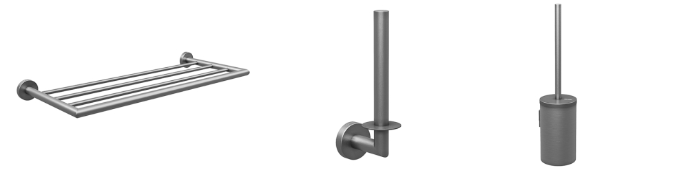 Acabado Brushed Metal o Metal Cepillado: toallero GW05 81 04 09; portarrollos GW05 77 04 09; y escobillero GW05 79 04 09...