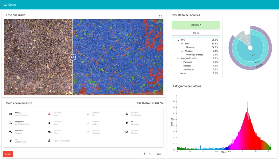 Mediante el control visual, Ceresia visi�n permite obtener un desglose completo de los componentes encontrados junto a la uva sana en la recepci�n...