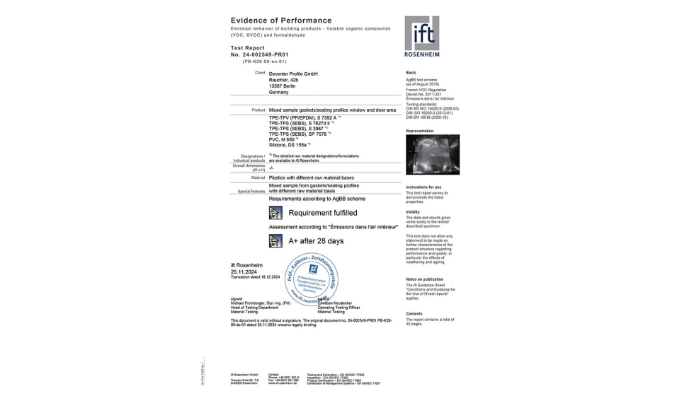 Valoraci�n A+ para las emisiones de COV de las juntas de perfil de TPE-S, TPE-V, PVC flexible y silicona de Deventer...