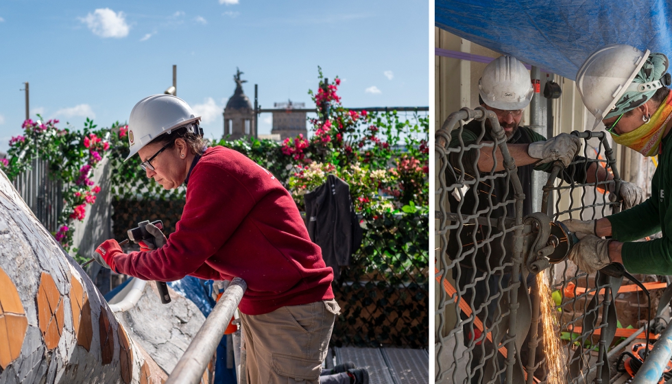 Dos im�genes del proceso de recuperaci�n de algunos elementos de la fachada como el trencad�s (Foto cortes�a Casa Batll�) o los balcones de hierro...