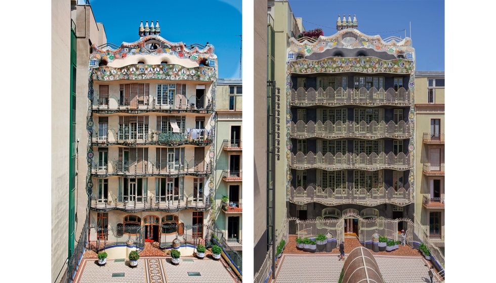 Antes y despu�s de la fachada posterior de la Casa Batll� tras el proceso de restauraci�n