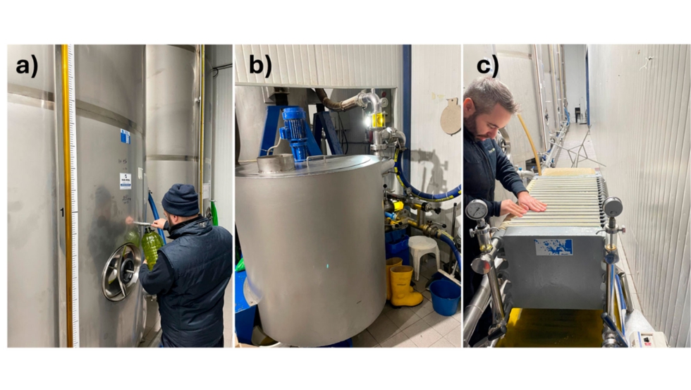 Figura 1. Ensayo filtrado de aceites. a) Dep�sito control. b) Filtro de tierra. c) Filtro de placas