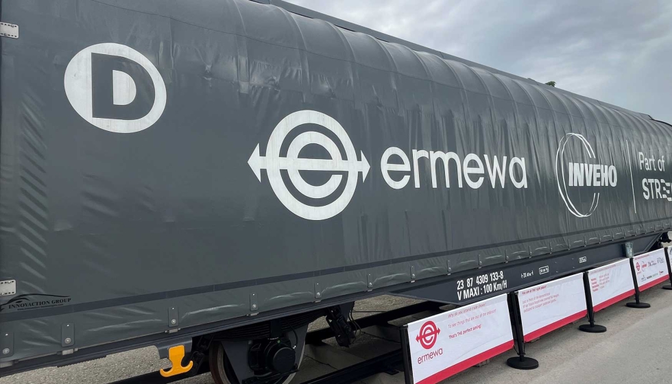 Vag�n de demostraci�n de Ermewa, que muestra el sistema de lonas autom�tico para vagones de mercanc�as en la feria �transport logistic� de M�nich...