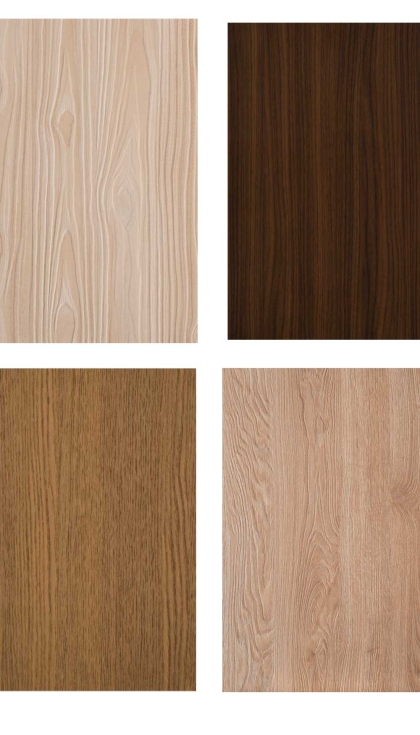 De izquierda a derecha, acabados Okobo, Poro Noce, Quercia y Pembroke