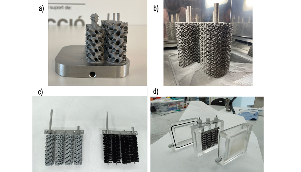 Imagen 2: a) Electrodos a escala laboratorio; b) Electrodos a escala real; c) c�todos y �nodos; d) 3 bastidores que componen el reactor BES...