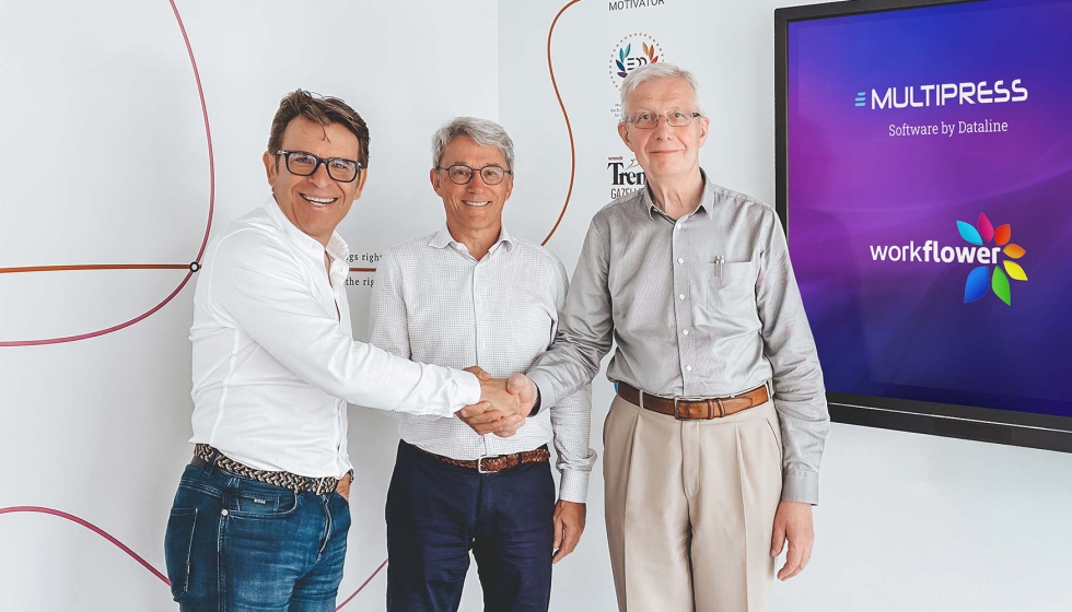 De izquierda a derecha, Dirk Deroo, director general de Dataline, junto a Tom Vermassen y Jos Dechamps, de Workflower...