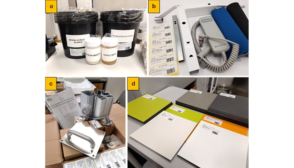 Productos y muestras aportadas por las empresas colaboradoras: (a) Blatem, (b) Mobercas, (c) Palbox, y (d) Liberfusta...