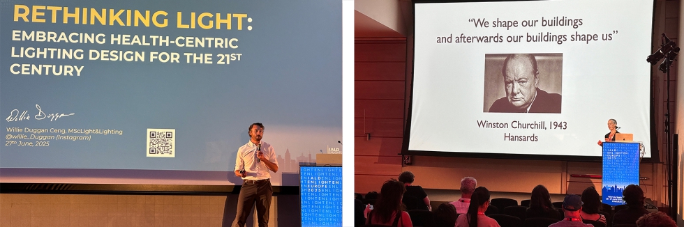 A la izquierda Willie Duggan que invitaba a reeducar en dise�o lum�nico; y a la derecha Shelley James que expuso c�mo la neuroarquitectura debe...