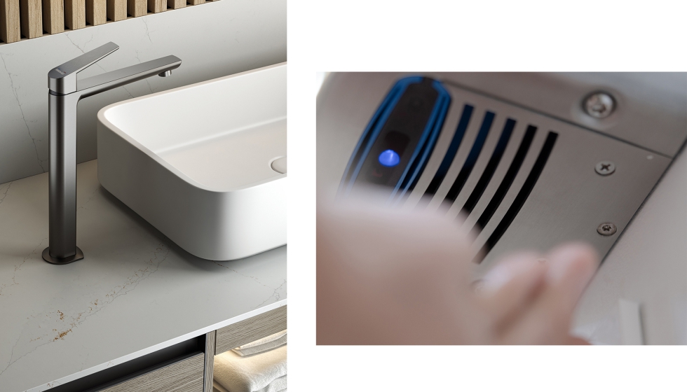 Serie Kloe en acabado brushed metal y detalle del secamanos Falcon de Genwec