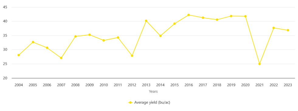 Evoluci�n del rendimiento medio de la canola en Canad� en los �ltimos 20 a�os (bushels/acre). Fuente: Canola Council of Canada...