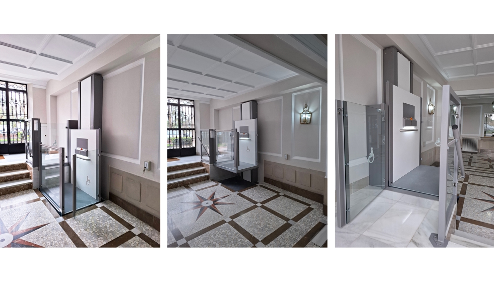 Plataforma Compact instalada en la entrada de un edificio de viviendas, una de las aplicaciones ideales para esta plataforma vertical...